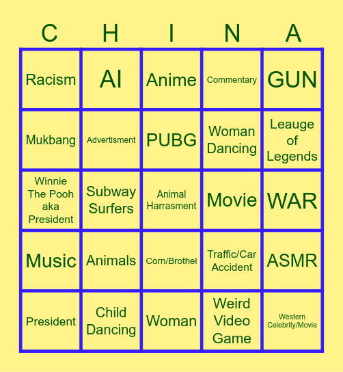 CHINA Bingo Card