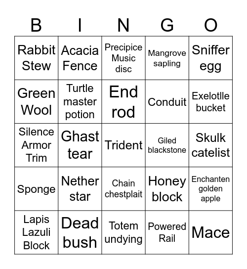 minecraft bingo Card