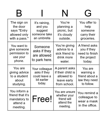 Modal Verbs Bingo Card