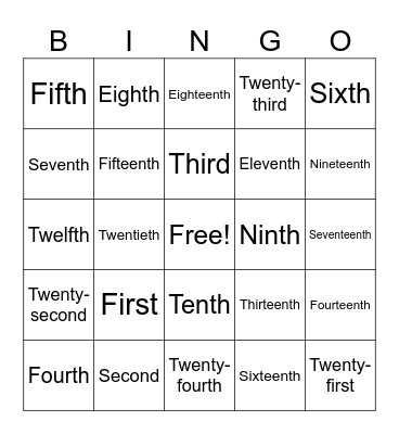 Ordinal Numbers Bingo Card
