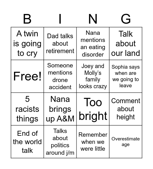 Scott reunion bingo Card