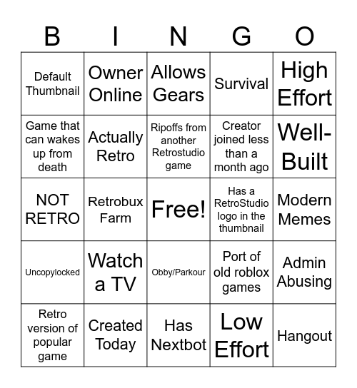 Retrostudio games Bingo Card