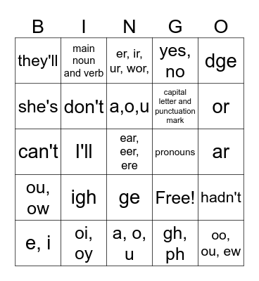 2nd Grade Language Bingo Card