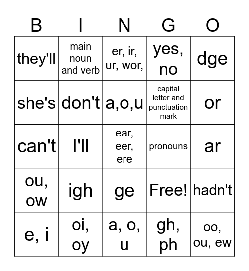 2nd Grade Language Bingo Card