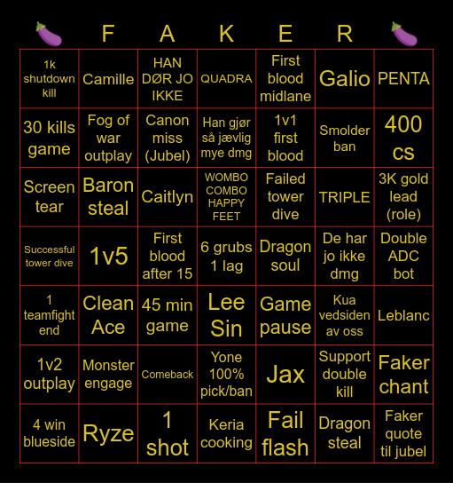 T1 vs GEN. G Bingo Card