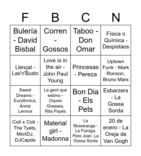 Bingo Musical FdB Bingo Card