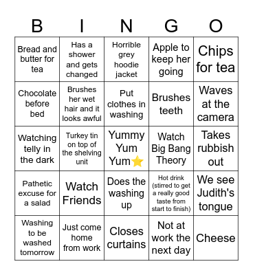 Judith's Evening in the Life of Me Bingo Card