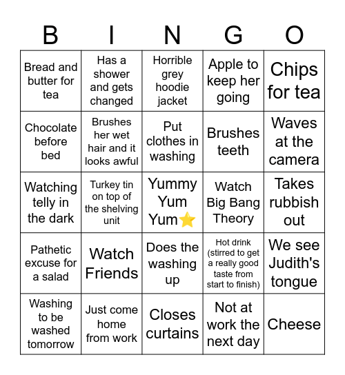 Judith's Evening in the Life of Me Bingo Card