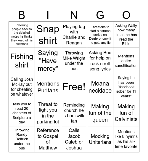 Pastor Aaron Bingo Card