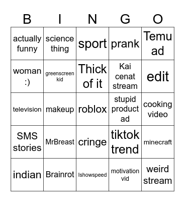 YT short bingo Card