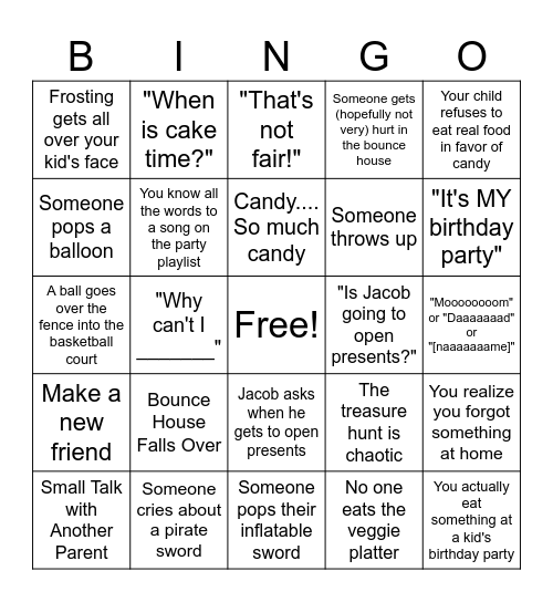 Parent Bingo Card