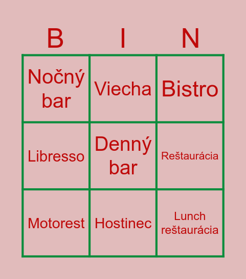 Stravovacie zariadenia Bingo Card