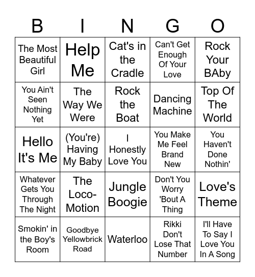 1974 Hits Bingo Card