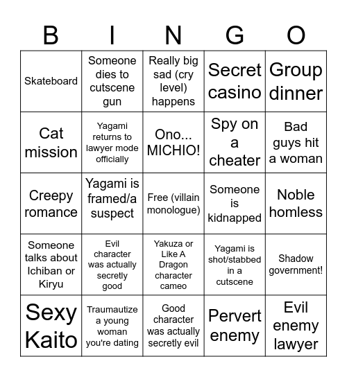 Lost Judgement Bingo Card