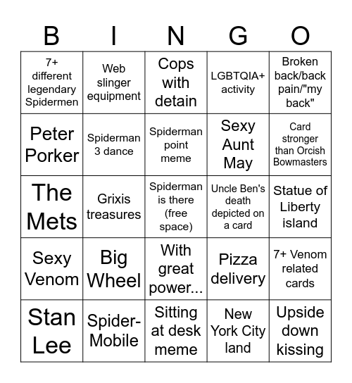 Spiderman Bingo Card