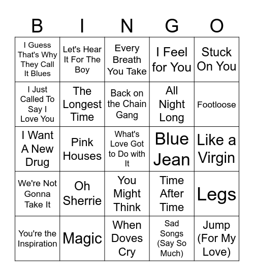 1984 Hits Bingo Card