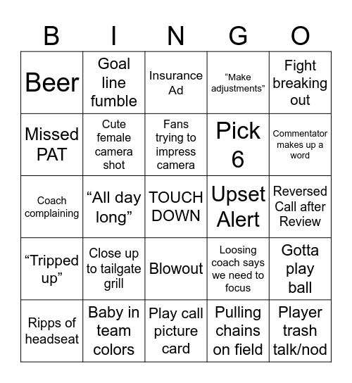 College Football Game Day Bingo Card
