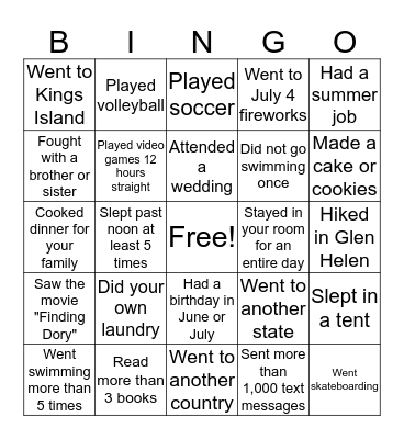Summer Fun Bingo Card