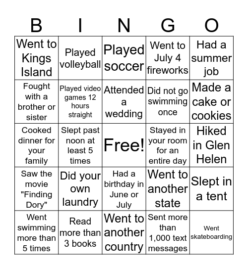 Summer Fun Bingo Card