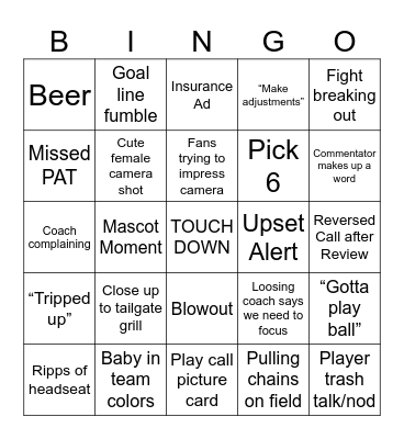 College Football Game Day Bingo Card