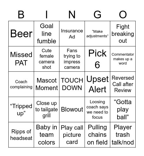 College Football Game Day Bingo Card