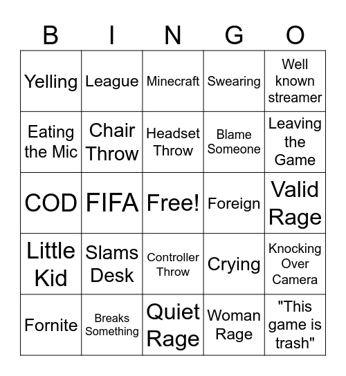 Gamer Rage Bingo Card