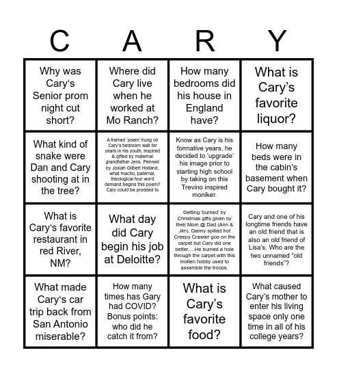 How well do you know Cary? Bingo Card