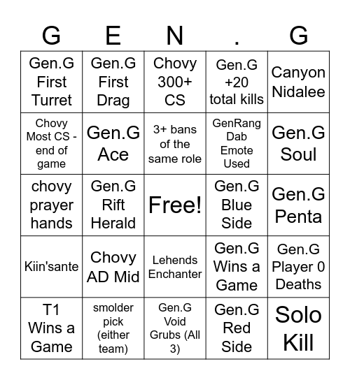 [WORLDS 2024 | SF] Gen.G vs T1 Official Bingo Card Bingo Card