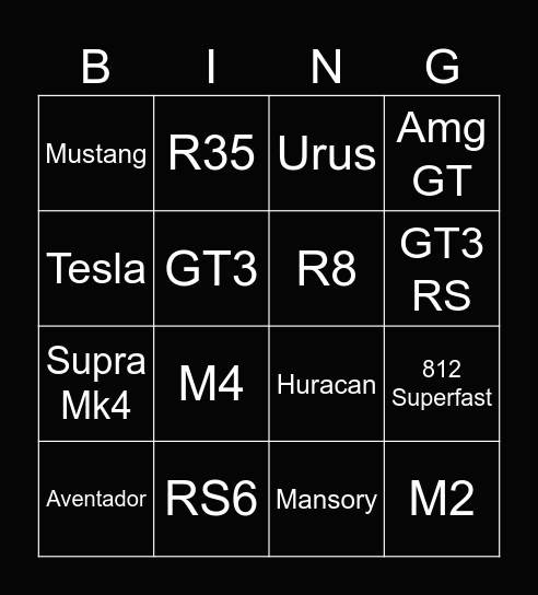 Cars Bingo Card