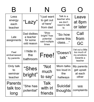 Parent Teacher Conferences Bingo Card