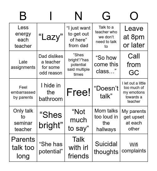 Parent Teacher Conferences Bingo Card