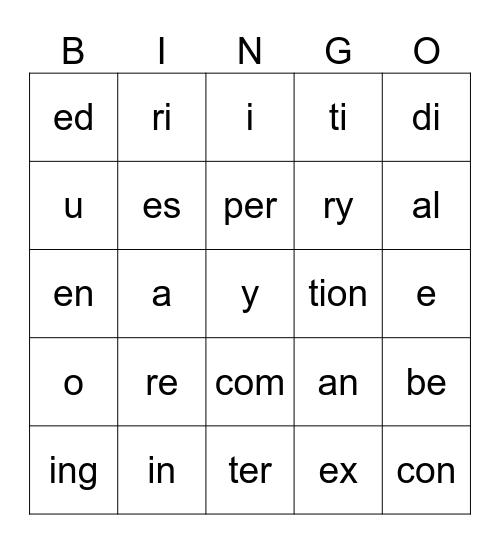 Week 3 Syllables Bingo Card