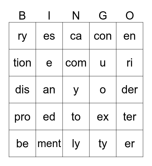 Week 5 Syllables Bingo Card