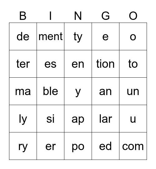 Week 6 Syllables Bingo Card