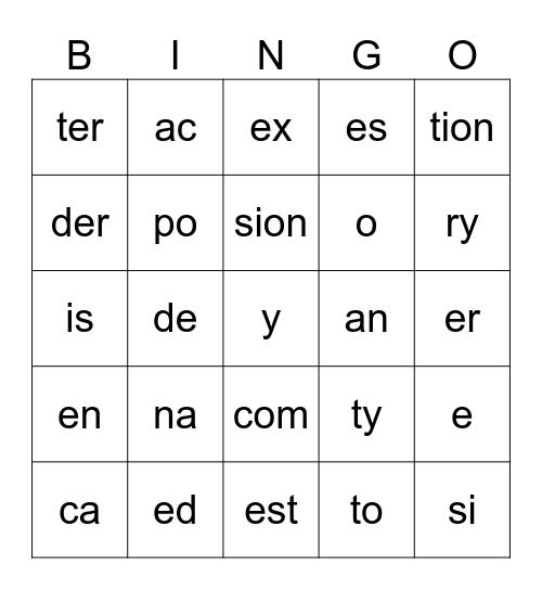 Week 7 Syllables Bingo Card