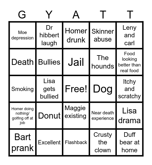 Simpsons video Bingo Card