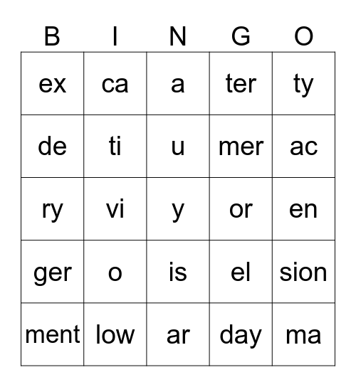 Week 8 Syllables Bingo Card