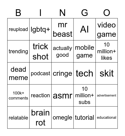 YouTube shorts bingo #1 Bingo Card