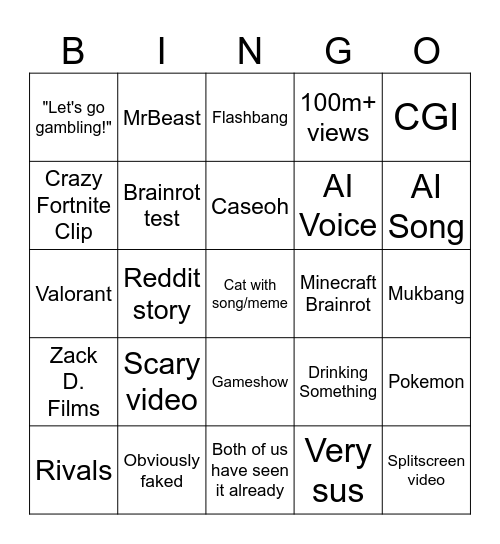 Youtube shorts Bingo Card