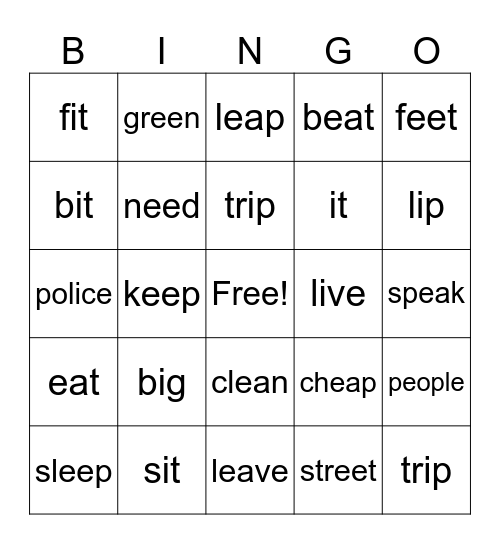 /i/ and /ɪ/ Bingo Card
