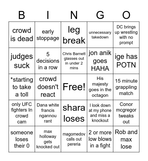 UFC 308 bingo Card