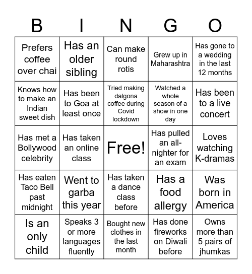 Diwali Bingo Card