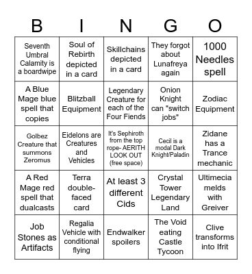 Final Fantasy UB Bingo Card