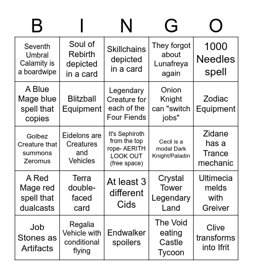 Final Fantasy UB Bingo Card