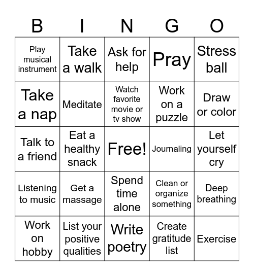 Coping Strategies Bingo Card