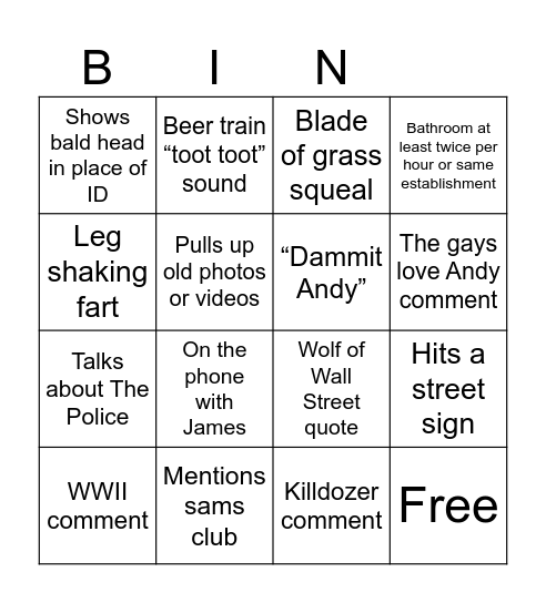 Andy Bingo Card