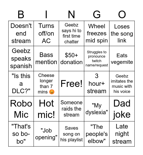 Geebz Bingo Card