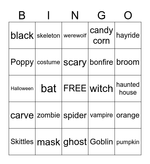Halloween Words Bingo Card