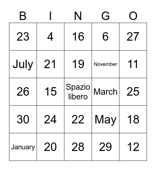 I numeri 1-31 + mesi Bingo Card