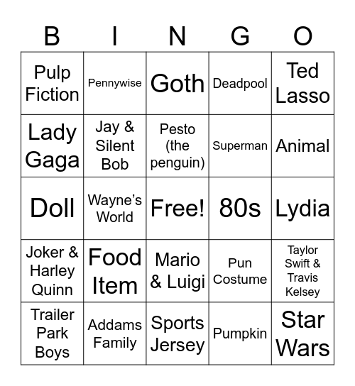 Halloween Costume Bingo Card